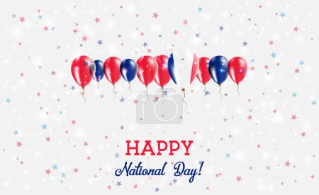 Mayotte Independence Day Sparkling Patriotic Poster. Row of Balloons in Colors of the French Flag. Greeting Card with National Flags, Confetti and Stars.