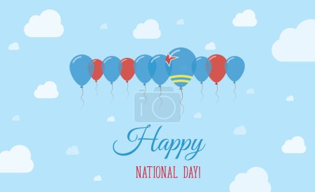 Aruba Independence Day Sparkling Patriotic Poster. Row of Balloons in Colors of the Aruban Flag. Greeting Card with National Flags, Blue Skyes and Clouds.