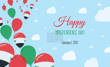 Syrian Arab Republic Independence Day Sparkling Patriotic Poster. Row of Balloons in Colors of the Syrian Flag. Greeting Card with National Flags, Blue Skyes and Clouds.