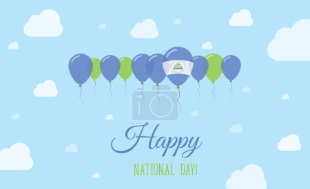 Nicaragua Independence Day Funkelndes patriotisches Plakat. Reihe von Luftballons in den Farben der nicaraguanischen Flagge. Grußkarte mit Nationalflaggen, blauem Himmel und Wolken.