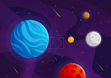 Space cartoon background. Cute design for landing page, banner or wallpaper. Planets and stars in the open space. Childish galaxy scene. Space cartoon vector illustration.