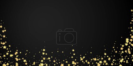 Magic stars vector overlay.  Gold stars scattered around randomly, falling down, floating.  Chaotic dreamy childish overlay template. Vector fairytale  on black background.