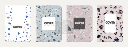 Note book cover design. Terrazzo abstract background made of natural stones, granite, quartz and marble. Venetian terrazzo texture note book template.
