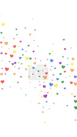Valentinsherzen fliegen, fallen, schweben. Regenbogenfarbene verstreute Herzen. LGBT Valentinskarte. Liebenswerte Valentinsherzen-Vektorillustration.