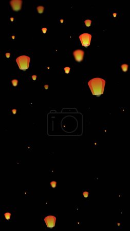 Téléchargez les illustrations : Carte du festival Yi Peng. Thaïlande vacances avec lanterne en papier lumières volant dans le ciel nocturne. Fête traditionnelle de Yi Peng. Illustration vectorielle sur fond noir. - en licence libre de droit