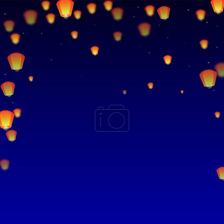 Téléchargez les illustrations : Loy krathong carte de festival. Thaïlande vacances avec lanterne en papier lumières volant dans le ciel nocturne. Fête de Loy Krathong. Illustration vectorielle sur fond bleu foncé. - en licence libre de droit