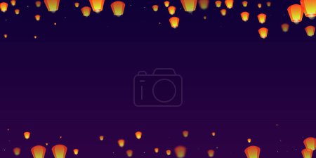 Tarjeta del festival Loy krathong. Tailandia vacaciones con luces de linterna de papel volando en el cielo nocturno. Celebración de Loy Krathong. Ilustración vectorial sobre fondo de gradiente púrpura.