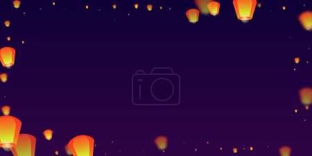 Tarjeta del festival Loy krathong. Tailandia vacaciones con luces de linterna de papel volando en el cielo nocturno. Celebración de Loy Krathong. Ilustración vectorial sobre fondo de gradiente púrpura.