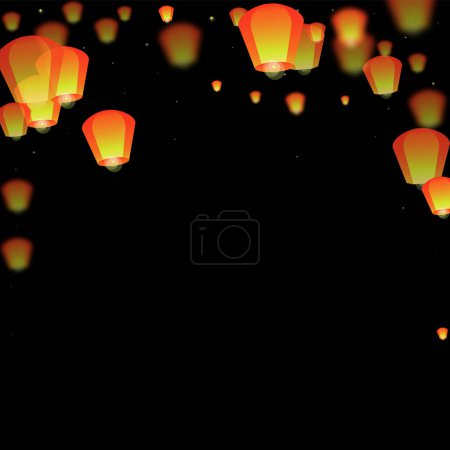 Téléchargez les illustrations : Carte du festival Yi Peng. Thaïlande vacances avec lanterne en papier lumières volant dans le ciel nocturne. Fête traditionnelle de Yi Peng. Illustration vectorielle sur fond noir. - en licence libre de droit