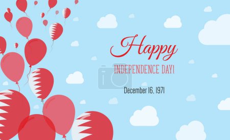 Illustration for Bahrain Independence Day Sparkling Patriotic Poster. Row of Balloons in Colors of the Bahraini Flag. Greeting Card with National Flags, Blue Skyes and Clouds. - Royalty Free Image