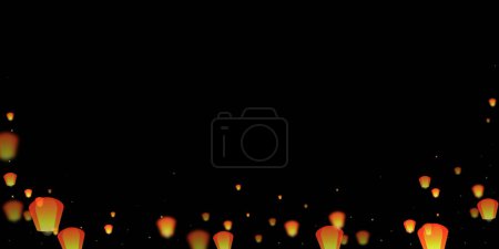 Yi peng festival card. Thailand holiday with paper lantern lights flying in the night sky. Traditional Yi Peng celebration. Vector illustration on black background.