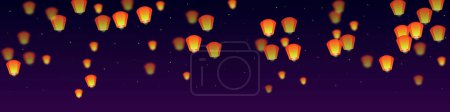 Téléchargez les illustrations : Chiang Mai fête Loy Krathong. Thaïlande vacances avec lanterne en papier lumières volant dans le ciel nocturne. Chiang Mai tradition culturelle. Illustration vectorielle sur fond dégradé violet. - en licence libre de droit