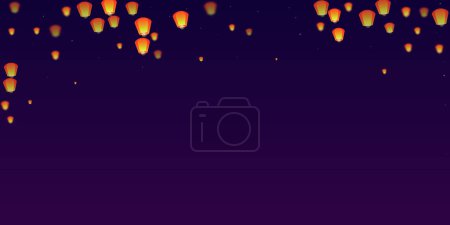 Téléchargez les illustrations : Loy krathong carte de festival. Thaïlande vacances avec lanterne en papier lumières volant dans le ciel nocturne. Fête de Loy Krathong. Illustration vectorielle sur fond dégradé violet. - en licence libre de droit