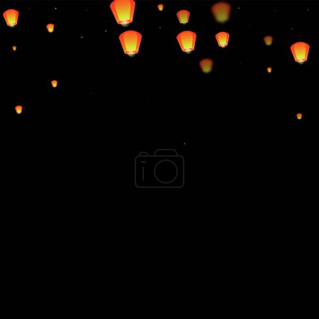 Chiang Mai celebration of Loy Krathong. Thailand holiday with paper lantern lights flying in the night sky. Chiang Mai cultural tradition. Vector illustration on black background.