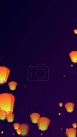 Téléchargez les illustrations : Chiang Mai fête Loy Krathong. Thaïlande vacances avec lanterne en papier lumières volant dans le ciel nocturne. Chiang Mai tradition culturelle. Illustration vectorielle sur fond dégradé violet. - en licence libre de droit