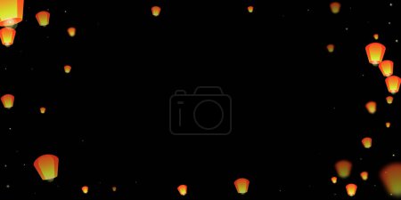 Sky lanterns floating in the night sky. Thailand holiday with paper lantern lights flying in the night sky. Sky lantern festival celebration. Vector illustration on black background.