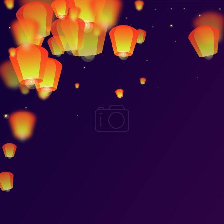 Faroles del cielo flotando en el cielo nocturno. Tailandia vacaciones con luces de linterna de papel volando en el cielo nocturno. Celebración del festival Sky Lantern. Ilustración vectorial sobre fondo de gradiente púrpura.