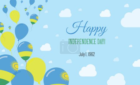 Día de la Independencia de Ruanda Cartel patriótico chispeante. Fila de Globos en Colores de la Bandera de Ruanda. Tarjeta de felicitación con Banderas Nacionales, Skyes Azules y Nubes.