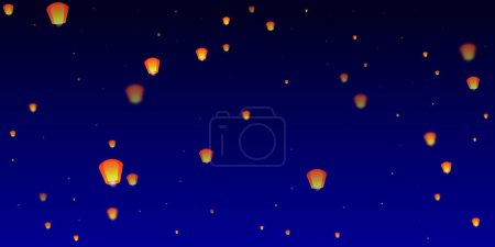Téléchargez les illustrations : Chiang Mai fête Loy Krathong. Thaïlande vacances avec lanterne en papier lumières volant dans le ciel nocturne. Chiang Mai tradition culturelle. Illustration vectorielle sur fond bleu foncé. - en licence libre de droit