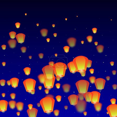 Lanternes du ciel flottant dans le ciel nocturne. Thaïlande vacances avec lanterne en papier lumières volant dans le ciel nocturne. Fête du ciel lanterne. Illustration vectorielle sur fond bleu foncé.