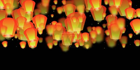 Téléchargez les illustrations : Chiang Mai fête Loy Krathong. Thaïlande vacances avec lanterne en papier lumières volant dans le ciel nocturne. Chiang Mai tradition culturelle. Illustration vectorielle sur fond noir. - en licence libre de droit