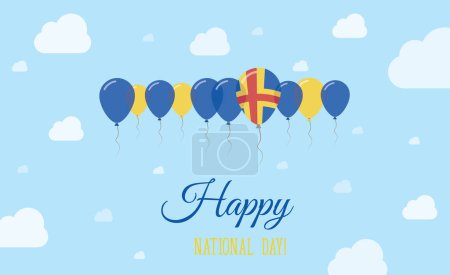 Día de la Independencia de las Islas Aland Cartel patriótico espumoso. Fila de globos en colores de la bandera sueca. Tarjeta de felicitación con Banderas Nacionales, Skyes Azules y Nubes.