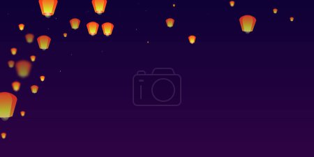 Loy krathong festival card. Thailand holiday with paper lantern lights flying in the night sky. Loy Krathong celebration. Vector illustration on purple gradient background.