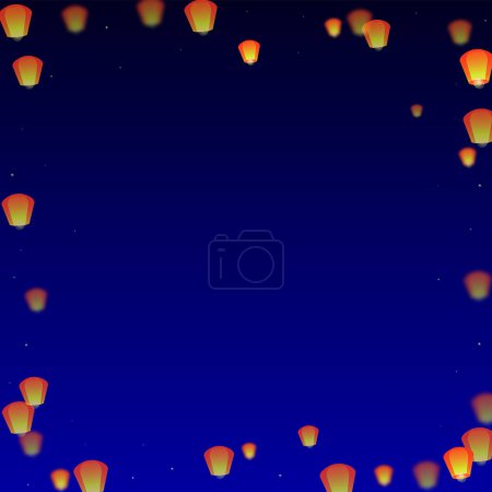 Téléchargez les illustrations : Carte du festival Yi Peng. Thaïlande vacances avec lanterne en papier lumières volant dans le ciel nocturne. Fête traditionnelle de Yi Peng. Illustration vectorielle sur fond bleu foncé. - en licence libre de droit