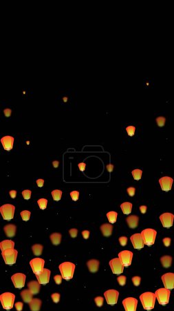 Téléchargez les illustrations : Lanternes du ciel flottant dans le ciel nocturne. Thaïlande vacances avec lanterne en papier lumières volant dans le ciel nocturne. Fête du ciel lanterne. Illustration vectorielle sur fond noir. - en licence libre de droit