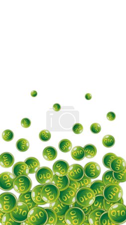 Illustration for Vitamin Q10 round capsules scattered randomly.  Beauty treatment and nutrition skin care.   Medical and scientific background.  Healthy life concept. - Royalty Free Image