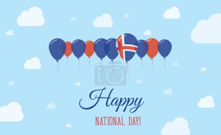 Iceland Independence Day Sparkling Patriotic Poster. Row of Balloons in Colors of the Icelander Flag. Greeting Card with National Flags, Blue Skyes and Clouds.