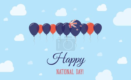 New Zealand Independence Day Funkelndes patriotisches Plakat. Reihe von Luftballons in den Farben der neuseeländischen Flagge. Grußkarte mit Nationalflaggen, blauem Himmel und Wolken.