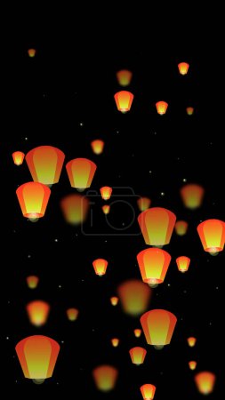 Téléchargez les illustrations : Loy krathong carte de festival. Thaïlande vacances avec lanterne en papier lumières volant dans le ciel nocturne. Fête de Loy Krathong. Illustration vectorielle sur fond noir. - en licence libre de droit