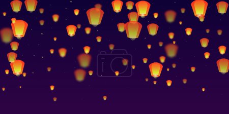 Chiang Mai celebración de Loy Krathong. Tailandia vacaciones con luces de linterna de papel volando en el cielo nocturno. Tradición cultural Chiang Mai. Ilustración vectorial sobre fondo de gradiente púrpura.