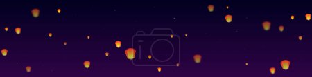 Illustration for Loy krathong festival card. Thailand holiday with paper lantern lights flying in the night sky. Loy Krathong celebration. Vector illustration on purple gradient background. - Royalty Free Image