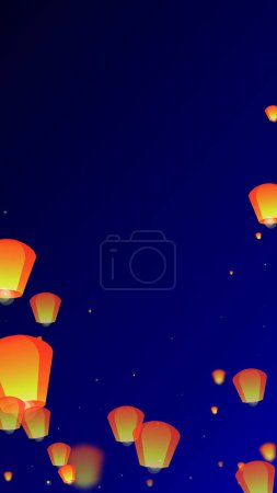 Illustration for Chiang Mai celebration of Loy Krathong. Thailand holiday with paper lantern lights flying in the night sky. Chiang Mai cultural tradition. Vector illustration on dark blue background. - Royalty Free Image
