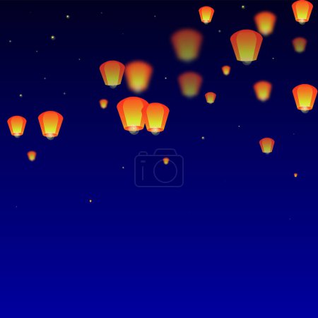 Téléchargez les illustrations : Loy krathong carte de festival. Thaïlande vacances avec lanterne en papier lumières volant dans le ciel nocturne. Fête de Loy Krathong. Illustration vectorielle sur fond bleu foncé. - en licence libre de droit