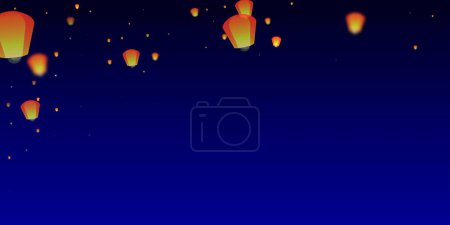 Illustration for Sky lanterns floating in the night sky. Thailand holiday with paper lantern lights flying in the night sky. Sky lantern festival celebration. Vector illustration on dark blue background. - Royalty Free Image
