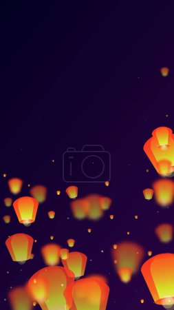 Sky lanterns floating in the night sky. Thailand holiday with paper lantern lights flying in the night sky. Sky lantern festival celebration. Vector illustration on purple gradient background.