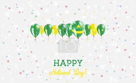 Mauritania Independence Day Sparkling Patriotic Poster. Row of Balloons in Colors of the Mauritanian Flag. Greeting Card with National Flags, Confetti and Stars.
