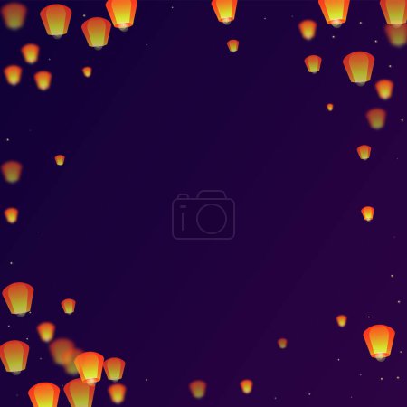 Tarjeta del festival de Yi Peng. Tailandia vacaciones con luces de linterna de papel volando en el cielo nocturno. Celebración tradicional de Yi Peng. Ilustración vectorial sobre fondo de gradiente púrpura.