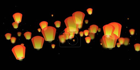 Téléchargez les illustrations : Loy krathong carte de festival. Thaïlande vacances avec lanterne en papier lumières volant dans le ciel nocturne. Fête de Loy Krathong. Illustration vectorielle sur fond noir. - en licence libre de droit