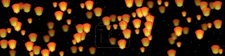 Téléchargez les illustrations : Lanternes du ciel flottant dans le ciel nocturne. Thaïlande vacances avec lanterne en papier lumières volant dans le ciel nocturne. Fête du ciel lanterne. Illustration vectorielle sur fond noir. - en licence libre de droit