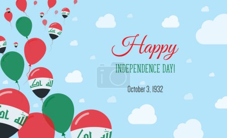 Funkelndes patriotisches Plakat zum irakischen Unabhängigkeitstag. Reihe von Luftballons in den Farben der irakischen Flagge. Grußkarte mit Nationalflaggen, blauem Himmel und Wolken.