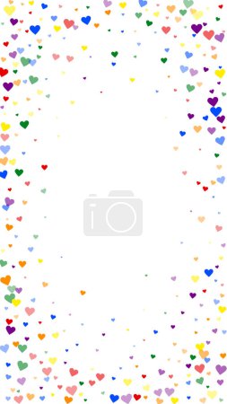 Sobreposición de confeti de corazón. Corazones dispersos de color arco iris. Tarjeta de San Valentín LGBT. Joyfull corazón confeti vector ilustración