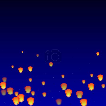 Sky lanterns floating in the night sky. Thailand holiday with paper lantern lights flying in the night sky. Sky lantern festival celebration. Vector illustration on dark blue background.