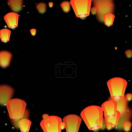 Téléchargez les illustrations : Chiang Mai fête Loy Krathong. Thaïlande vacances avec lanterne en papier lumières volant dans le ciel nocturne. Chiang Mai tradition culturelle. Illustration vectorielle sur fond noir. - en licence libre de droit