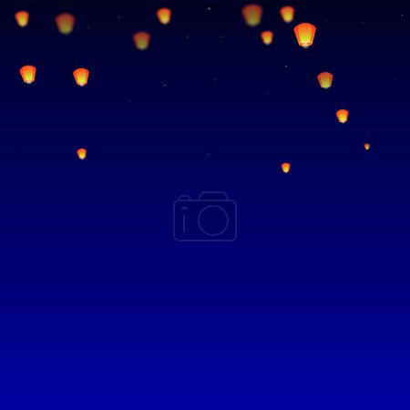 Téléchargez les illustrations : Lanternes du ciel flottant dans le ciel nocturne. Thaïlande vacances avec lanterne en papier lumières volant dans le ciel nocturne. Fête du ciel lanterne. Illustration vectorielle sur fond bleu foncé. - en licence libre de droit