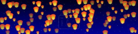 Téléchargez les illustrations : Lanternes du ciel flottant dans le ciel nocturne. Thaïlande vacances avec lanterne en papier lumières volant dans le ciel nocturne. Fête du ciel lanterne. Illustration vectorielle sur fond bleu foncé. - en licence libre de droit