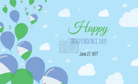 Djibouti Independence Day Sparkling Patriotic Poster. Row of Balloons in Colors of the Djibouti Flag. Greeting Card with National Flags, Blue Skyes and Clouds.
